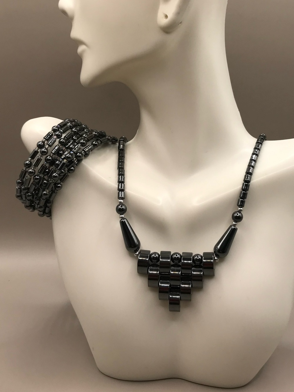 Hematite Geometric Bead Necklace & Bracelet in Gunmetal - Picture 2 of 7